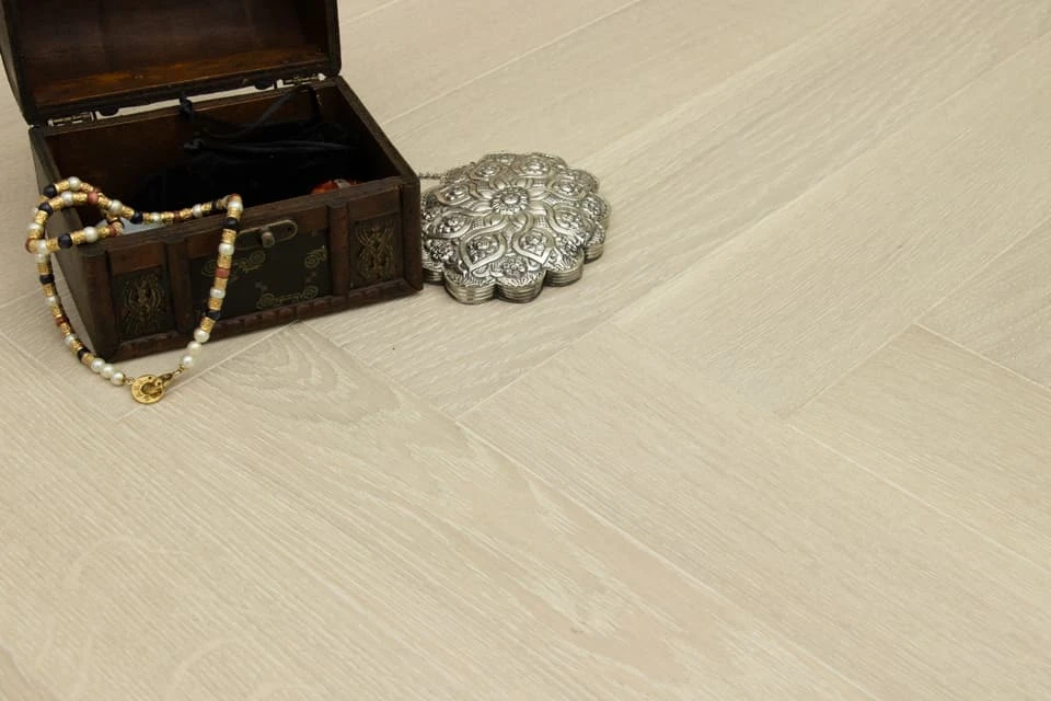 Prime Engineered Flooring Oak Herringbone Polar White Brushed UV Semi Matt Lacquered 14/3mm By 128mm By 600mm