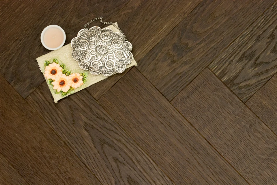 Prime Engineered Flooring Oak Herringbone Dark Smoked Brushed UV Oiled 14/3mm By 97mm By 790mm